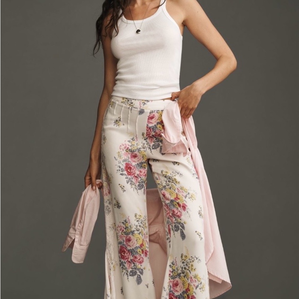 Anthropologie Floral Wide-Leg Floral Satin Pants Size 16